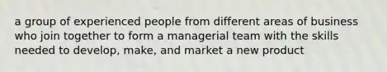 a group of experienced people from different areas of business who join together to form a managerial team with the skills needed to develop, make, and market a new product