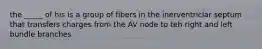 the _____ of his is a group of fibers in the inerventriclar septum that transfers charges from the AV node to teh right and left bundle branches