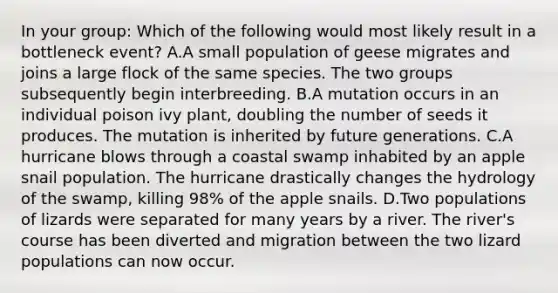 In your group: Which of the following would most likely result in a bottleneck event? A.A small population of geese migrates and joins a large flock of the same species. The two groups subsequently begin interbreeding. B.A mutation occurs in an individual poison ivy plant, doubling the number of seeds it produces. The mutation is inherited by future generations. C.A hurricane blows through a coastal swamp inhabited by an apple snail population. The hurricane drastically changes the hydrology of the swamp, killing 98% of the apple snails. D.Two populations of lizards were separated for many years by a river. The river's course has been diverted and migration between the two lizard populations can now occur.