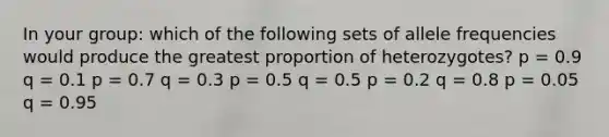 In your group: which of the following sets of allele frequencies would produce the greatest proportion of heterozygotes? p = 0.9 q = 0.1 p = 0.7 q = 0.3 p = 0.5 q = 0.5 p = 0.2 q = 0.8 p = 0.05 q = 0.95