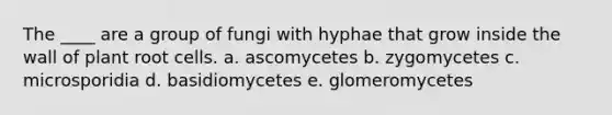 The ____ are a group of fungi with hyphae that grow inside the wall of plant root cells. a. ascomycetes b. zygomycetes c. microsporidia d. basidiomycetes e. glomeromycetes