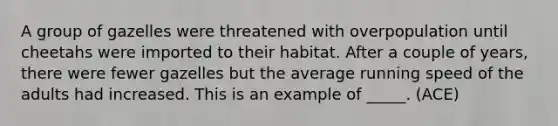 A group of gazelles were threatened with overpopulation until cheetahs were imported to their habitat. After a couple of years, there were fewer gazelles but the average running speed of the adults had increased. This is an example of _____. (ACE)