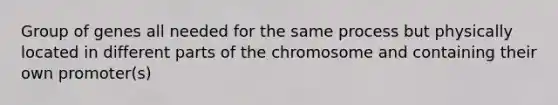 Group of genes all needed for the same process but physically located in different parts of the chromosome and containing their own promoter(s)