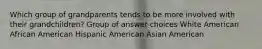 Which group of grandparents tends to be more involved with their grandchildren? Group of answer choices White American African American Hispanic American Asian American