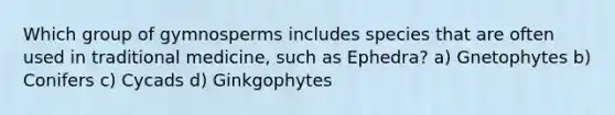 Which group of gymnosperms includes species that are often used in traditional medicine, such as Ephedra? a) Gnetophytes b) Conifers c) Cycads d) Ginkgophytes