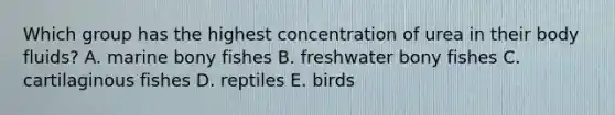 Which group has the highest concentration of urea in their body fluids? A. marine bony fishes B. freshwater bony fishes C. cartilaginous fishes D. reptiles E. birds