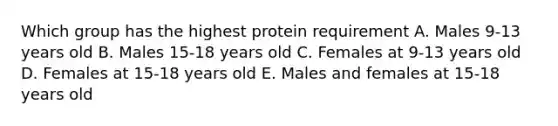 Which group has the highest protein requirement A. Males 9-13 years old B. Males 15-18 years old C. Females at 9-13 years old D. Females at 15-18 years old E. Males and females at 15-18 years old