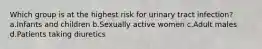 Which group is at the highest risk for urinary tract infection? a.Infants and children b.Sexually active women c.Adult males d.Patients taking diuretics