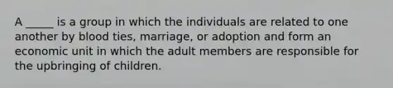 A _____ is a group in which the individuals are related to one another by blood ties, marriage, or adoption and form an economic unit in which the adult members are responsible for the upbringing of children.