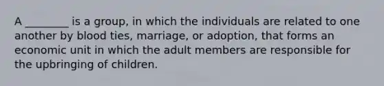 A ________ is a group, in which the individuals are related to one another by blood ties, marriage, or adoption, that forms an economic unit in which the adult members are responsible for the upbringing of children.