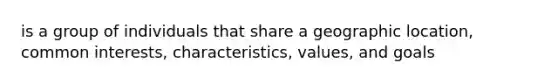 is a group of individuals that share a geographic location, common interests, characteristics, values, and goals