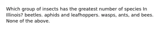 Which group of insects has the greatest number of species In Illinois? beetles. aphids and leafhoppers. wasps, ants, and bees. None of the above.