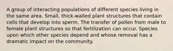 A group of interacting populations of different species living in the same area. Small, thick-walled plant structures that contain cells that develop into sperm. The transfer of pollen from male to female plant structures so that fertilization can occur. Species upon which other species depend and whose removal has a dramatic impact on the community.