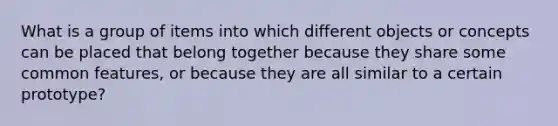 What is a group of items into which different objects or concepts can be placed that belong together because they share some common features, or because they are all similar to a certain prototype?