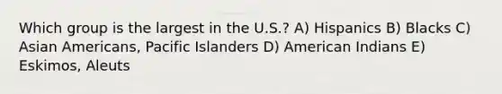 Which group is the largest in the U.S.? A) Hispanics B) Blacks C) Asian Americans, Pacific Islanders D) American Indians E) Eskimos, Aleuts