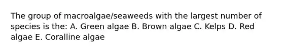 The group of macroalgae/seaweeds with the largest number of species is the: A. Green algae B. Brown algae C. Kelps D. Red algae E. Coralline algae