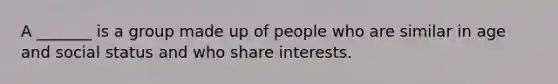 A _______ is a group made up of people who are similar in age and social status and who share interests.