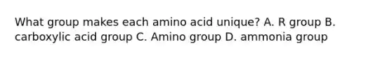 What group makes each amino acid unique? A. R group B. carboxylic acid group C. Amino group D. ammonia group