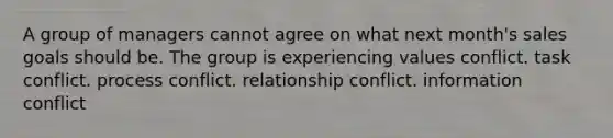 A group of managers cannot agree on what next month's sales goals should be. The group is experiencing values conflict. task conflict. process conflict. relationship conflict. information conflict