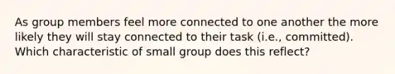 As group members feel more connected to one another the more likely they will stay connected to their task (i.e., committed). Which characteristic of small group does this reflect?