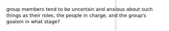 group members tend to be uncertain and anxious about such things as their roles, the people in charge, and the group's goalsm in what stage?