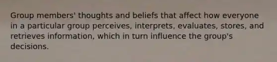 Group members' thoughts and beliefs that affect how everyone in a particular group perceives, interprets, evaluates, stores, and retrieves information, which in turn influence the group's decisions.