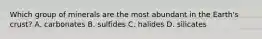 Which group of minerals are the most abundant in the Earth's crust? A. carbonates B. sulfides C. halides D. silicates