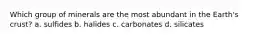 Which group of minerals are the most abundant in the Earth's crust? a. sulfides b. halides c. carbonates d. silicates