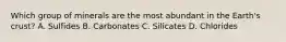 Which group of minerals are the most abundant in the Earth's crust? A. Sulfides B. Carbonates C. Silicates D. Chlorides