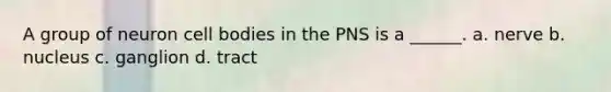 A group of neuron cell bodies in the PNS is a ______. a. nerve b. nucleus c. ganglion d. tract