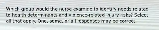 Which group would the nurse examine to identify needs related to health determinants and violence-related injury risks? Select all that apply. One, some, or all responses may be correct.