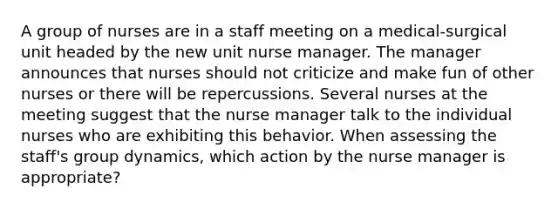 A group of nurses are in a staff meeting on a​ medical-surgical unit headed by the new unit nurse manager. The manager announces that nurses should not criticize and make fun of other nurses or there will be repercussions. Several nurses at the meeting suggest that the nurse manager talk to the individual nurses who are exhibiting this behavior. When assessing the​ staff's group​ dynamics, which action by the nurse manager is​ appropriate?