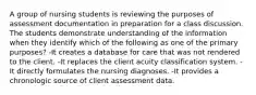 A group of nursing students is reviewing the purposes of assessment documentation in preparation for a class discussion. The students demonstrate understanding of the information when they identify which of the following as one of the primary purposes? -It creates a database for care that was not rendered to the client. -It replaces the client acuity classification system. -It directly formulates the nursing diagnoses. -It provides a chronologic source of client assessment data.