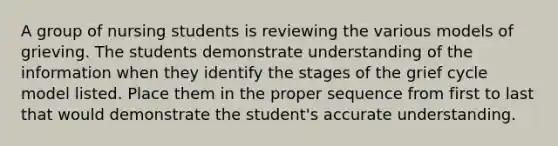 A group of nursing students is reviewing the various models of grieving. The students demonstrate understanding of the information when they identify the stages of the grief cycle model listed. Place them in the proper sequence from first to last that would demonstrate the student's accurate understanding.