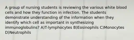 A group of nursing students is reviewing the various white blood cells and how they function in infection. The students demonstrate understanding of the information when they identify which cell as important in synthesizing immunoglobulins? A)T-lymphocytes B)Eosinophils C)Monocytes D)Neutrophils