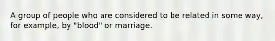 A group of people who are considered to be related in some way, for example, by "blood" or marriage.