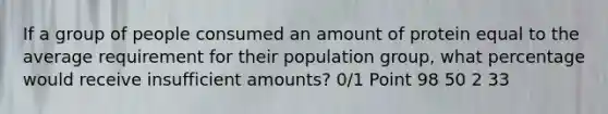 If a group of people consumed an amount of protein equal to the average requirement for their population group, what percentage would receive insufficient amounts? 0/1 Point 98 50 2 33