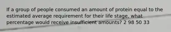 If a group of people consumed an amount of protein equal to the estimated average requirement for their life stage, what percentage would receive insufficient amounts? 2 98 50 33