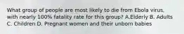 What group of people are most likely to die from Ebola virus, with nearly 100% fatality rate for this group? A.Elderly B. Adults C. Children D. Pregnant women and their unborn babies