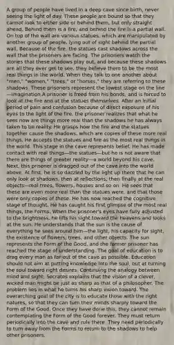 A group of people have lived in a deep cave since birth, never seeing the light of day. These people are bound so that they cannot look to either side or behind them, but only straight ahead. Behind them is a fire, and behind the fire is a partial wall. On top of the wall are various statues, which are manipulated by another group of people, lying out of sight behind the partial wall. Because of the fire, the statues cast shadows across the wall that the prisoners are facing. The prisoners watch the stories that these shadows play out, and because these shadows are all they ever get to see, they believe them to be the most real things in the world. When they talk to one another about "men," "women," "trees," or "horses," they are referring to these shadows. These prisoners represent the lowest stage on the line—imagination.A prisoner is freed from his bonds, and is forced to look at the fire and at the statues themselves. After an initial period of pain and confusion because of direct exposure of his eyes to the light of the fire, the prisoner realizes that what he sees now are things more real than the shadows he has always taken to be reality. He grasps how the fire and the statues together cause the shadows, which are copies of these more real things. He accepts the statues and fire as the most real things in the world. This stage in the cave represents belief. He has made contact with real things—the statues—but he is not aware that there are things of greater reality—a world beyond his cave. Next, this prisoner is dragged out of the cave into the world above. At first, he is so dazzled by the light up there that he can only look at shadows, then at reflections, then finally at the real objects—real trees, flowers, houses and so on. He sees that these are even more real than the statues were, and that those were only copies of these. He has now reached the cognitive stage of thought. He has caught his first glimpse of the most real things, the Forms. When the prisoner's eyes have fully adjusted to the brightness, he lifts his sight toward the heavens and looks at the sun. He understands that the sun is the cause of everything he sees around him—the light, his capacity for sight, the existence of flowers, trees, and other objects. The sun represents the Form of the Good, and the former prisoner has reached the stage of understanding. The goal of education is to drag every man as far out of the cave as possible. Education should not aim at putting knowledge into the soul, but at turning the soul toward right desires. Continuing the analogy between mind and sight, Socrates explains that the vision of a clever, wicked man might be just as sharp as that of a philosopher. The problem lies in what he turns his sharp vision toward. The overarching goal of the city is to educate those with the right natures, so that they can turn their minds sharply toward the Form of the Good. Once they have done this, they cannot remain contemplating the Form of the Good forever. They must return periodically into the cave and rule there. They need periodically to turn away from the Forms to return to the shadows to help other prisoners.