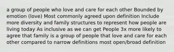 a group of people who love and care for each other Bounded by emotion (love) Most commonly agreed upon definition Include more diversity and family structures to represent how people are living today As inclusive as we can get People 3x more likely to agree that family is a group of people that love and care for each other compared to narrow definitions most open/broad definition