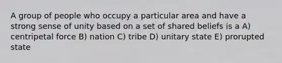 A group of people who occupy a particular area and have a strong sense of unity based on a set of shared beliefs is a A) centripetal force B) nation C) tribe D) unitary state E) prorupted state