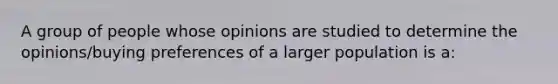 A group of people whose opinions are studied to determine the opinions/buying preferences of a larger population is a: