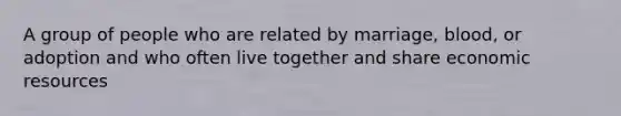 A group of people who are related by marriage, blood, or adoption and who often live together and share economic resources