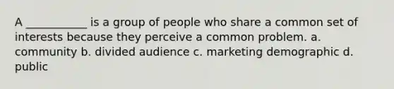 A ___________ is a group of people who share a common set of interests because they perceive a common problem. a. community b. divided audience c. marketing demographic d. public