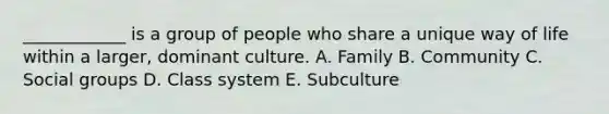 ​____________ is a group of people who share a unique way of life within a​ larger, dominant culture. A. Family B. Community C. <a href='https://www.questionai.com/knowledge/ktC4lbKwl5-social-groups' class='anchor-knowledge'>social groups</a> D. Class system E. Subculture