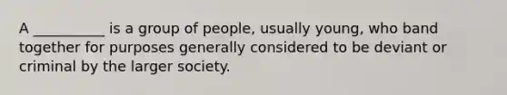 A __________ is a group of people, usually young, who band together for purposes generally considered to be deviant or criminal by the larger society.