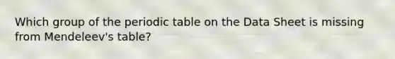 Which group of the periodic table on the Data Sheet is missing from Mendeleev's table?