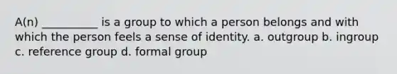 A(n) __________ is a group to which a person belongs and with which the person feels a sense of identity. a. outgroup b. ingroup c. reference group d. formal group