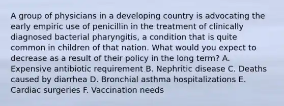 A group of physicians in a developing country is advocating the early empiric use of penicillin in the treatment of clinically diagnosed bacterial pharyngitis, a condition that is quite common in children of that nation. What would you expect to decrease as a result of their policy in the long term? A. Expensive antibiotic requirement B. Nephritic disease C. Deaths caused by diarrhea D. Bronchial asthma hospitalizations E. Cardiac surgeries F. Vaccination needs